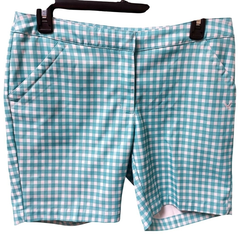 Callaway Golf Shorts Women 4 Teal White Gingham‎ Opti-Dri Excellent Performance